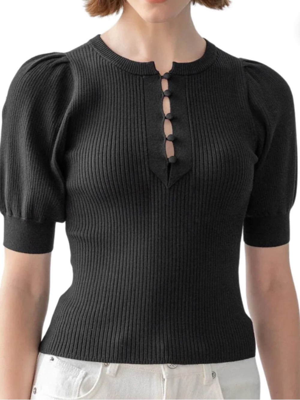 Lilla P Black Ribbed Knit Top with Puff Sleeves
